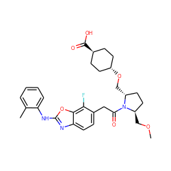 COC[C@@H]1CC[C@@H](CO[C@H]2CC[C@H](C(=O)O)CC2)N1C(=O)Cc1ccc2nc(Nc3ccccc3C)oc2c1F ZINC000261079717