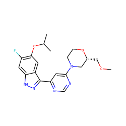 COC[C@@H]1CN(c2cc(-c3n[nH]c4cc(F)c(OC(C)C)cc34)ncn2)CCO1 ZINC000225555240