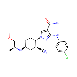 COC[C@H](C)N[C@H]1CC[C@H](n2cc(C(N)=O)c(Nc3ccc(Cl)cc3)n2)[C@@H](C#N)C1 ZINC000221843009