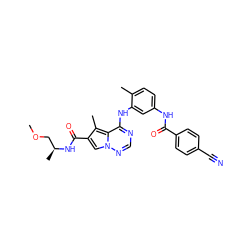 COC[C@H](C)NC(=O)c1cn2ncnc(Nc3cc(NC(=O)c4ccc(C#N)cc4)ccc3C)c2c1C ZINC000029048838