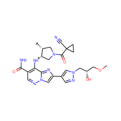 COC[C@H](O)Cn1cc(-c2cn3ncc(C(N)=O)c(N[C@H]4CN(C(=O)C5(C#N)CC5)C[C@H]4C)c3n2)cn1 ZINC001772655469