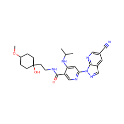 COC1CCC(O)(CCNC(=O)c2cnc(-n3ncc4cc(C#N)cnc43)cc2NC(C)C)CC1 ZINC001772592208