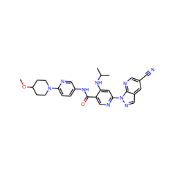 COC1CCN(c2ccc(NC(=O)c3cnc(-n4ncc5cc(C#N)cnc54)cc3NC(C)C)cn2)CC1 ZINC001772571620