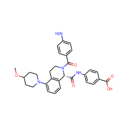 COC1CCN(c2cccc3c2CCN(C(=O)c2ccc(N)cc2)[C@@H]3C(=O)Nc2ccc(C(=O)O)cc2)CC1 ZINC000207721342