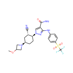 COC1CN([C@@H]2CC[C@H](n3cc(C(N)=O)c(Nc4ccc(S(=O)(=O)C(F)(F)F)cc4)n3)[C@@H](C#N)C2)C1 ZINC000222975541