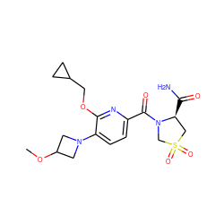 COC1CN(c2ccc(C(=O)N3CS(=O)(=O)C[C@@H]3C(N)=O)nc2OCC2CC2)C1 ZINC000146237051