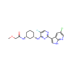 COCC(=O)N[C@@H]1CCC[C@H](Nc2nc(-c3c[nH]c4ncc(Cl)cc34)ncc2F)C1 ZINC000165671755