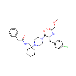 COCC(=O)N[C@H](Cc1ccc(Cl)cc1)C(=O)N1CCN(C2(CNC(=O)Cc3ccccc3)CCCCC2)CC1 ZINC000028529458