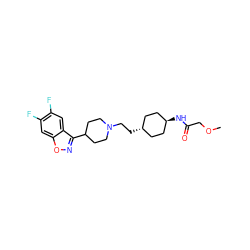 COCC(=O)N[C@H]1CC[C@H](CCN2CCC(c3noc4cc(F)c(F)cc34)CC2)CC1 ZINC001772654296