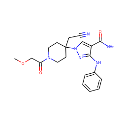 COCC(=O)N1CCC(CC#N)(n2cc(C(N)=O)c(Nc3ccccc3)n2)CC1 ZINC000220974633