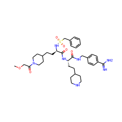 COCC(=O)N1CCC(CC[C@@H](NS(=O)(=O)Cc2ccccc2)C(=O)N[C@@H](CCC2CCNCC2)C(=O)NCc2ccc(C(=N)N)cc2)CC1 ZINC000169697463