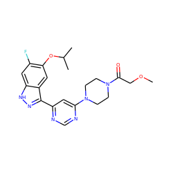 COCC(=O)N1CCN(c2cc(-c3n[nH]c4cc(F)c(OC(C)C)cc34)ncn2)CC1 ZINC000225574224