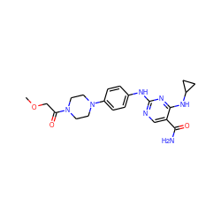 COCC(=O)N1CCN(c2ccc(Nc3ncc(C(N)=O)c(NC4CC4)n3)cc2)CC1 ZINC000096170070