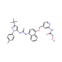 COCC(=O)Nc1cc(COc2ccc(NC(=O)Nc3cc(C(C)(C)C)nn3-c3ccc(C)cc3)c3ccccc23)ccn1 ZINC000068204489