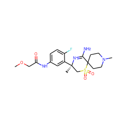 COCC(=O)Nc1ccc(F)c([C@]2(C)CS(=O)(=O)C3(CCN(C)CC3)C(N)=N2)c1 ZINC000214150696