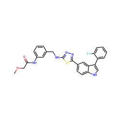 COCC(=O)Nc1cccc(CNc2nnc(-c3ccc4[nH]cc(-c5ccccc5F)c4c3)s2)c1 ZINC000204770045