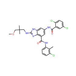 COCC(C)(C)CNc1nc2c(C(=O)Nc3cccc(Cl)c3C)cc(NC(=O)c3cc(Cl)ccc3Cl)cc2[nH]1 ZINC000205656524