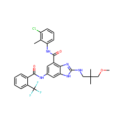 COCC(C)(C)CNc1nc2c(C(=O)Nc3cccc(Cl)c3C)cc(NC(=O)c3ccccc3C(F)(F)F)cc2[nH]1 ZINC000218695293