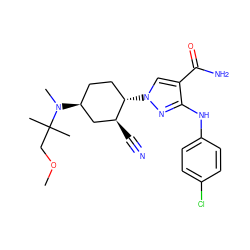 COCC(C)(C)N(C)[C@H]1CC[C@H](n2cc(C(N)=O)c(Nc3ccc(Cl)cc3)n2)[C@@H](C#N)C1 ZINC000222979892