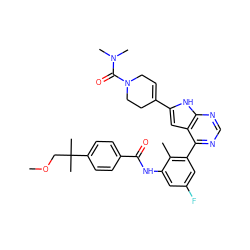 COCC(C)(C)c1ccc(C(=O)Nc2cc(F)cc(-c3ncnc4[nH]c(C5=CCN(C(=O)N(C)C)CC5)cc34)c2C)cc1 ZINC000142910428