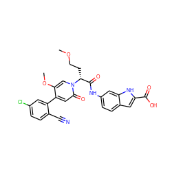 COCC[C@H](C(=O)Nc1ccc2cc(C(=O)O)[nH]c2c1)n1cc(OC)c(-c2cc(Cl)ccc2C#N)cc1=O ZINC001772577822