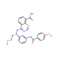 COCC[C@H](Nc1ncnc2c(C(N)=O)cccc12)c1cccc(NC(=O)c2ccc(OC)cc2)c1 ZINC000167025229