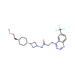 COCC[C@H]1CC[C@H](N2CC(NC(=O)CNc3ncnc4ccc(C(F)(F)F)cc34)C2)CC1 ZINC000149163215
