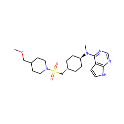 COCC1CCN(S(=O)(=O)C[C@H]2CC[C@H](N(C)c3ncnc4[nH]ccc34)CC2)CC1 ZINC000261088275