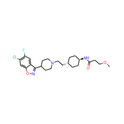 COCCC(=O)N[C@H]1CC[C@H](CCN2CCC(c3noc4cc(Cl)c(F)cc34)CC2)CC1 ZINC001772586100
