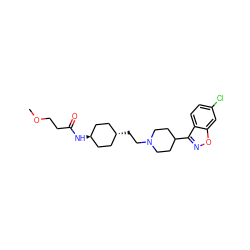 COCCC(=O)N[C@H]1CC[C@H](CCN2CCC(c3noc4cc(Cl)ccc34)CC2)CC1 ZINC001772646768