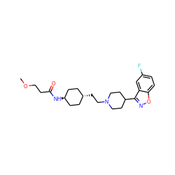 COCCC(=O)N[C@H]1CC[C@H](CCN2CCC(c3noc4ccc(F)cc34)CC2)CC1 ZINC001772657221