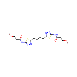 COCCC(=O)Nc1nnc(CCCCc2nnc(NC(=O)CCOC)s2)s1 ZINC000169697822