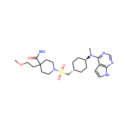 COCCC1(C(N)=O)CCN(S(=O)(=O)C[C@H]2CC[C@H](N(C)c3ncnc4[nH]ccc34)CC2)CC1 ZINC000261119055