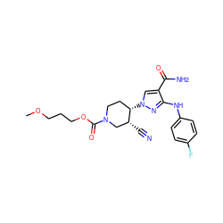 COCCCOC(=O)N1CC[C@H](n2cc(C(N)=O)c(Nc3ccc(F)cc3)n2)[C@H](C#N)C1 ZINC000205063756