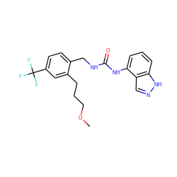 COCCCc1cc(C(F)(F)F)ccc1CNC(=O)Nc1cccc2[nH]ncc12 ZINC000049035275