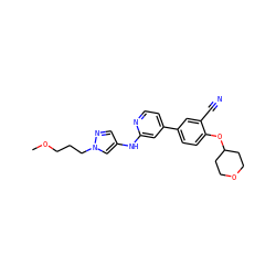 COCCCn1cc(Nc2cc(-c3ccc(OC4CCOCC4)c(C#N)c3)ccn2)cn1 ZINC000146546586