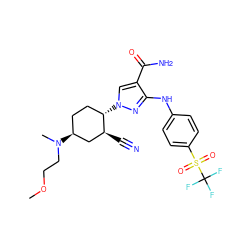 COCCN(C)[C@H]1CC[C@H](n2cc(C(N)=O)c(Nc3ccc(S(=O)(=O)C(F)(F)F)cc3)n2)[C@@H](C#N)C1 ZINC000222975657