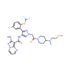 COCCN(C)C1CCN(C(=O)Cn2cc(NC(=O)c3c(N)nn4cccnc34)c(-c3cc(Cl)ccc3OC(F)F)n2)CC1 ZINC001772631316