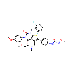 COCCN(C)Cc1c(-c2ccc(NC(=O)NOC)cc2)sc2c1c(=O)n(-c1ccc(OC)cc1)c(=O)n2Cc1c(F)cccc1F ZINC000072107090