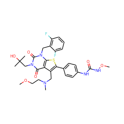 COCCN(C)Cc1c(-c2ccc(NC(=O)NOC)cc2)sc2c1c(=O)n(CC(C)(C)O)c(=O)n2Cc1c(F)cccc1F ZINC000072108834