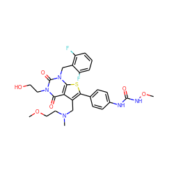 COCCN(C)Cc1c(-c2ccc(NC(=O)NOC)cc2)sc2c1c(=O)n(CCO)c(=O)n2Cc1c(F)cccc1F ZINC000072107286