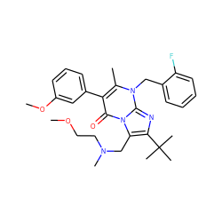 COCCN(C)Cc1c(C(C)(C)C)nc2n(Cc3ccccc3F)c(C)c(-c3cccc(OC)c3)c(=O)n12 ZINC000013518096