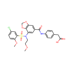 COCCN(c1cc(C(=O)Nc2ccc(CC(=O)O)cc2)cc2c1OCO2)S(=O)(=O)c1cc(Cl)ccc1OC ZINC000299858813