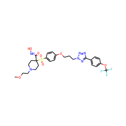 COCCN1CCC(C(=O)NO)(S(=O)(=O)c2ccc(OCCCn3nnc(-c4ccc(OC(F)(F)F)cc4)n3)cc2)CC1 ZINC000071341734