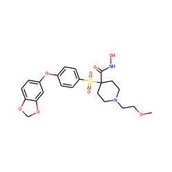 COCCN1CCC(C(=O)NO)(S(=O)(=O)c2ccc(Oc3ccc4c(c3)OCO4)cc2)CC1 ZINC000072110307