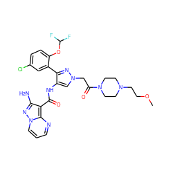 COCCN1CCN(C(=O)Cn2cc(NC(=O)c3c(N)nn4cccnc34)c(-c3cc(Cl)ccc3OC(F)F)n2)CC1 ZINC001772629667