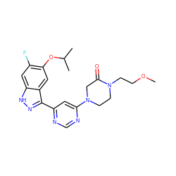 COCCN1CCN(c2cc(-c3n[nH]c4cc(F)c(OC(C)C)cc34)ncn2)CC1=O ZINC000225563392