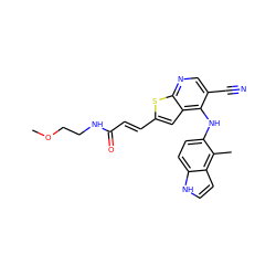 COCCNC(=O)/C=C/c1cc2c(Nc3ccc4[nH]ccc4c3C)c(C#N)cnc2s1 ZINC000040917400