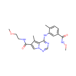 COCCNC(=O)c1cn2ncnc(Nc3cc(C(=O)NOC)ccc3C)c2c1C ZINC000014974229