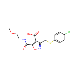 COCCNC(=O)c1onc(CSc2ccc(Cl)cc2)c1C(=O)O ZINC000008829363